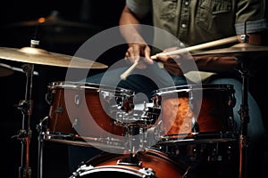 Drummer playing drum kit on stage against a dark background. A male musician is passionate about performing and music