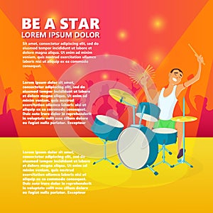 Drummer playing drums. Teenage drum player. Cartoon vector background.