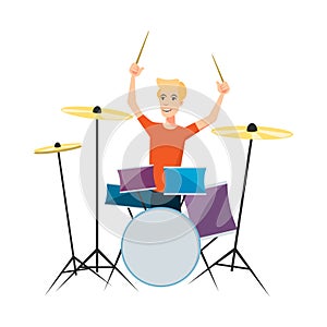Drummer playing drums on white background