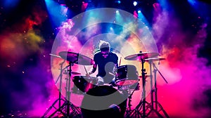 drummer plays drums on stage at concert in beams of color lights