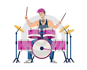 Drummer of rock band playing music on drums, flat vector illustration isolated.