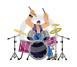 Drummer rock or jazz musician playing music flat vector illustration isolated.