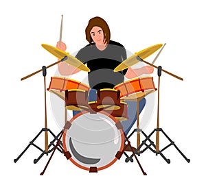 Drummer Rock music Guy drummer at drum Man playing with sticks on drums and cymbals flat style design