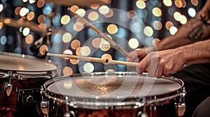 Drummer's hands and rhythmic beats against the background of bokeh.