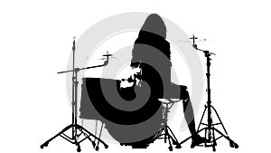 Drummer vigorously plays the drums, her wand. White background. Silhouette. Slow motion