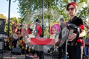 Drummers from the Dhol Foundation playing at an annual concert of Jewish Klezmer music in Regent`s Park in London UK.