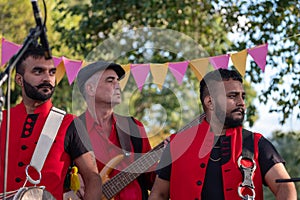 Drummers from the Dhol Foundation playing at an annual concert of Jewish Klezmer music in Regent`s Park in London UK.