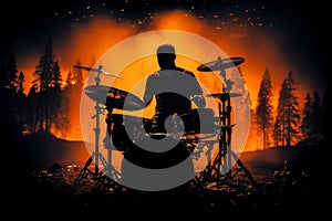 Drummers energy shines in silhouette against bold black backdrop