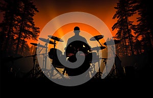 Drumming intensity, Silhouette captures drummers motion against dark backdrop