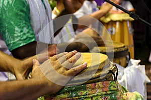 Drums called atabaque in Brazil being played during a ceremony typical of Umbanda
