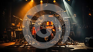 Drums and drum set. Beautiful blue and red background, with rays of light. Beautiful special effects of smoke and