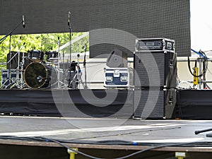 Drums set, powerfull speakers, amplifiers and stage equipment