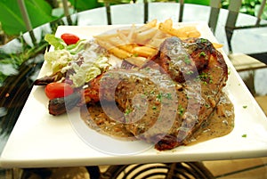 Drumstick with french fries photo