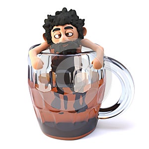 Drunk 3d caveman climbs out of a glass pint of beer ale, 3d illustration