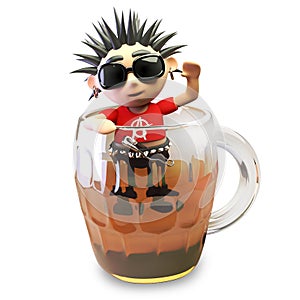 Drunk 3d punk rocker with spikey hair attempts to climb out of a pint of beer, 3d illustration