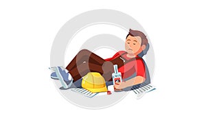 Drunk builder man lying on floor holding bottle