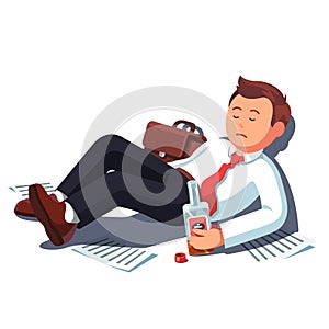 Drunk business man lying with alcohol bottle