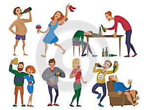 Drunk cartoon people alcoholic man and woman alcoholism drunken tipsy characters person vector illustration.