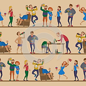 Drunk cartoon people vector alcoholic man and woman alcoholism drunken tipsy characters person seamless pattern photo