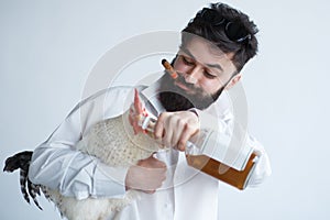 Drunk crazy man with chicken