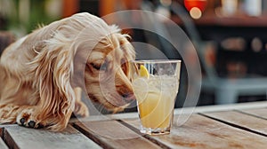 drunk dog drinking a cocktail. dog cheering a toast with cocktail drink, looking up. AI Generative