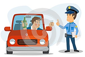 Drunk driver. Drunk driving is prohibited. A policeman wants to arrest a driver for drinking alcohol. Vector illustration