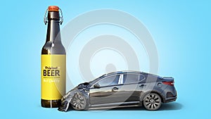Drunk driving concept car crashed on a bottle 3d render on blue gradient