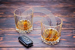 Drunk driving. Glass in man hands and car keys. Drink.