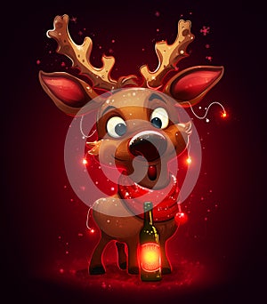 Drunk fawn - Funny cute christmas deer, with lights on his horns, festive treat, comic character, christmas reindeer