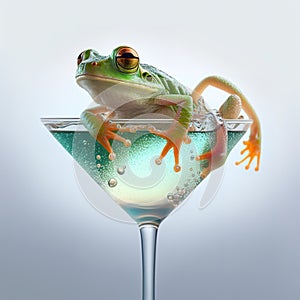 Drunk frog sits in a martini glass, isolated on white background.