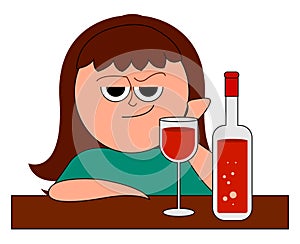 Drunk girl drinking wine, illustration, vector