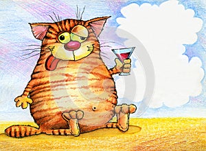 Drunk with a glass of red cat photo