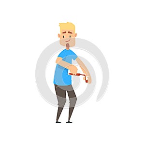 Drunk guy pouring a glass of alcoholic beverage, funny guy character drinking alcohol vector Illustration