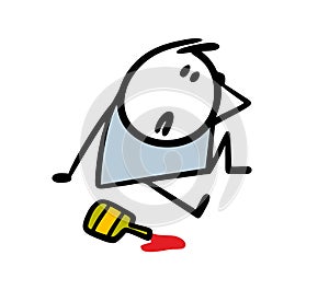 Drunk guy is sitting on the ground and dropped a bottle of wine. Vector illustration of cartoon character and an