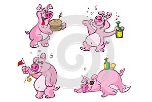 Drunk and hungry pig cartoon characters