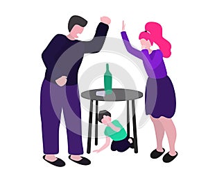 Drunk husband quarrels with his wife. A man beats a woman and a child. Vector conception - stop alcoholism, domestic and