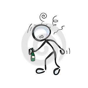 Drunk man. Alcoholic holding bottle of alcohol. Social issue. Hand drawn. Stickman cartoon. Doodle sketch, Vector graphic