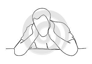 Drunk man sitting at a table. One line drawing vector illustration