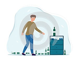 Drunk man is standing among empty bottles of alcohol