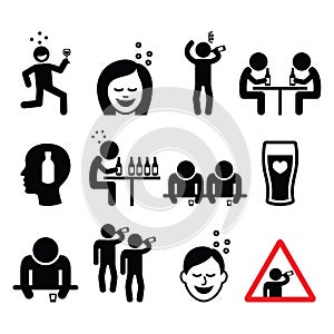 Drunk man and woman, people drinking alcohol icons set