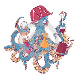 Drunk octopus-pirate with a drink in the tentacles. Drunkard in a cocked hat askew.