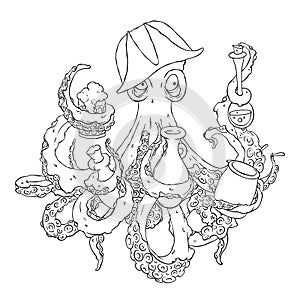 Drunk octopus-pirate with a drink in the tentacles. Drunkard in a cocked hat askew.