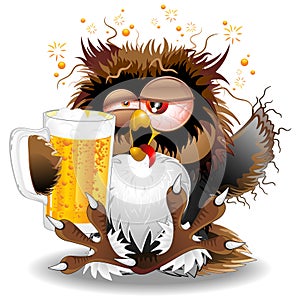 Drunk Owl with Beer Funny Character