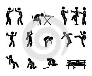 Drunk people, alcohol abuse, alcoholism illustration. A set of people with alcohol addiction, a man staggers, falls, fights.
