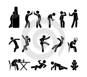 Drunk people in different situations. Cocktail party people drink alcohol. Sticks figure pictogram alcoho