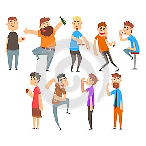 Drunk People Set, Boozy Men Walking Tipsy with Alcohol Drink Bottles and Glasses in Their Hands Vector Illustration photo