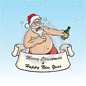 Drunk Santa Claus Drinking Booze. Christmas Card Vector on Blue Background