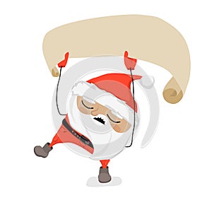 Drunk Santa Claus is holding blank ribbon, singing and dancing.