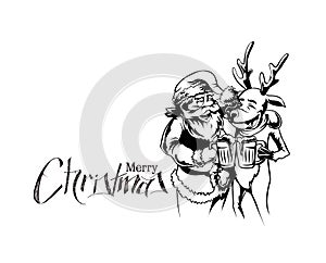 Drunk Santa Claus and reindeer with beer mug in hand