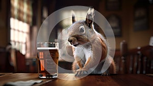 Drunk Squirrel with a Glass of Beer, AI Generated photo